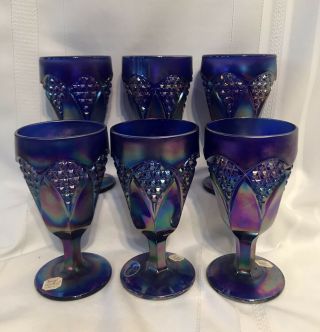 6 Imperial Ig Aurora Jewels Cobalt Blue Carnival Glass Kite Panel Goblets 6.  5”