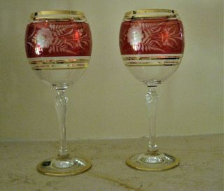 Bohemian Czech Crystal Etched Wine Glass Set,  250 Ml,  8.  5 Oz.  Red With Gold Rim