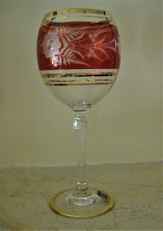 Bohemian Czech Crystal Etched Wine Glass Set,  250 ml,  8.  5 oz.  Red with Gold Rim 2