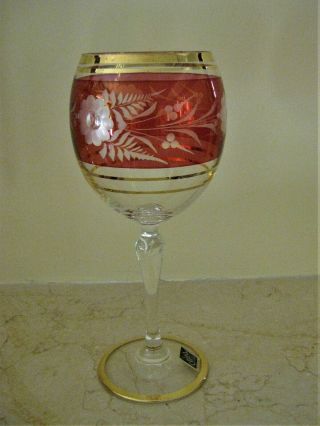 Bohemian Czech Crystal Etched Wine Glass Set,  250 ml,  8.  5 oz.  Red with Gold Rim 3
