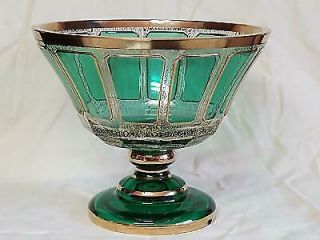 Moser Emerald Green Cut Clear Crystal & Gold Compote