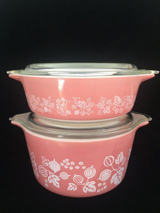 Pyrex Pink White Gooseberry Casserole Dish 471 1 Pt & 473 1 Qt With Lids