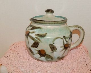 Vintage Hand Painted Art Pottery Pitcher Bean Pot Cookie Jar Blue Inside
