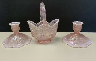 Fenton Pink Opalescent Lily Of The Valley Candlestick Candle Holder Set W/basket
