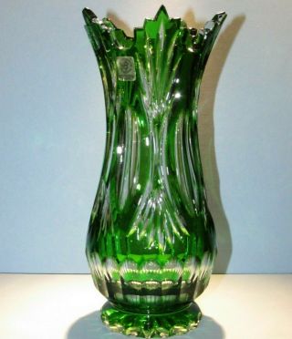 Caesar Crystal Vase Emerald Green Hand Cut To Clear Overlay Czech Bohemian Cased