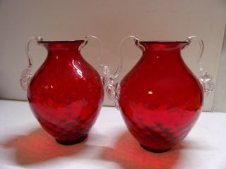 Pair,  Red,  Murano Art Glass,  Diamond Optic Vases W/applied Floral Handles