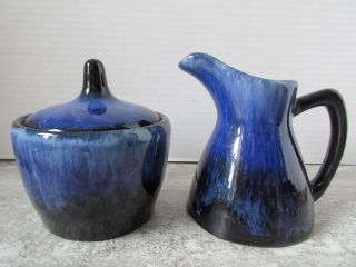 Old Mid Century Blue Mountain Pottery Cream & Sugar W/label Blue Glaze