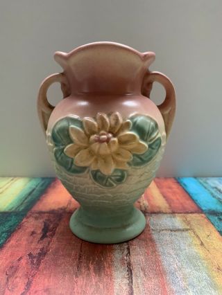 Vintage Hull Pottery Urn Style Vase With Double Handles Water Lilly Pink Blue