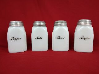 Mckee White Milk Glass Roman Arch Salt Pepper Flour Sugar Range Shaker Set