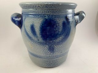 Vintage Handmade Salt Glazed Stoneware Pottery Cobalt Blue Sponge Design 6 " X 6 "