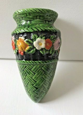 Vintage Ceramic Made In Japan Green Wall Pocket Flowers Floral Basket Weave