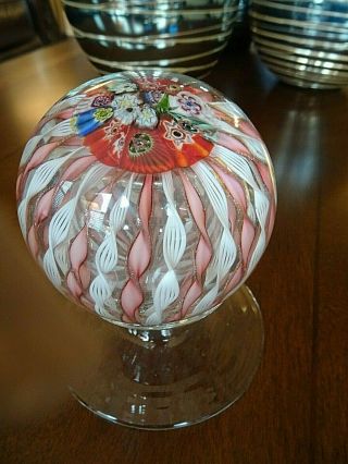 Fratelli Toso Murano Glass Footed Crown Ribbon Millefiori Paperweight W/ Label