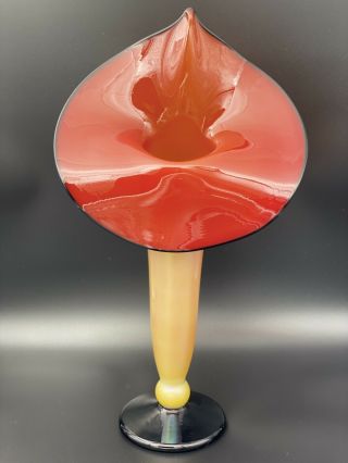 Jack In The Pulpit Iridescent Art Glass Hand Blown Vase Orange Red Yellow Black