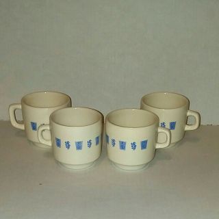 Vintage Oxford Brazil Stoneware Cream Blue Floral Flat Coffee Cups Set Of 4