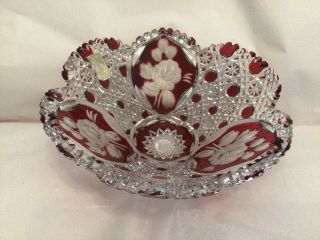 Stunning Meissen Cranberry Ruby Red Cut To Clear Crystal Bowl Signed & Sticker
