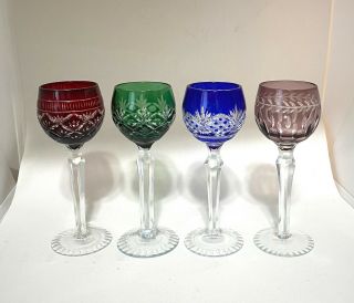 Set Of 4 Bohemian Cut To Clear 6” Multi - Colored 2 Oz Cordial Stemware Glasses