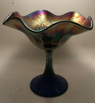 Blue Northwood Carnival Glass Compote Hearts And Flowers Pattern