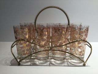 Signed Fred Press Retro Mid Century Dogwood Glasses Set Of 8 In Carrier Caddy