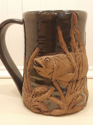 Always Azul Pottery 3d Fish Bass In River Coffee Mug Hand Thrown Green