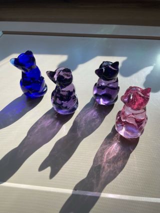 Fenton Art Glass Mini Kitten / Cat Figurines Set Of 4 Purple,  Cobalt,  Pink