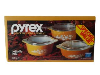 Vintage Pyrex 3 Piece Bake,  Serve,  & Store Set 470 - 4 Butterfly Gold