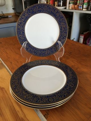 Set Of 4 Vintage Sango Aristocrat 7 5/8” Plates W/ Cobalt Blue & Gold.  Euc