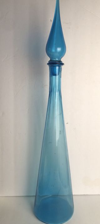 28” Peacock Blue Mid Century Empoli Glass Genie Bottle Decanter