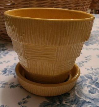 Vintage Classic Mccoy 5 " Yellow Basket Weave Planter With Saucer