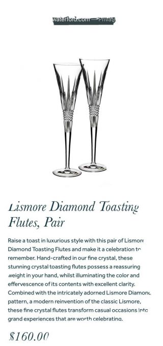 Waterford Lismore Diamond Toasting Flute Pair 156786