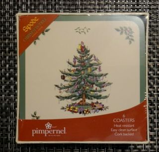 Spode Pimpernel Set Of 6 Coasters Christmas Tree Cork Back In Package