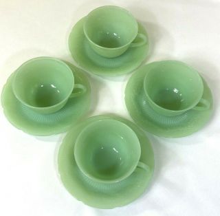Fire King Jadeite Alice Floral Tea Cup and Saucer Set of 4 2