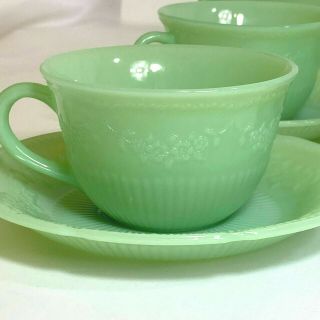 Fire King Jadeite Alice Floral Tea Cup and Saucer Set of 4 3