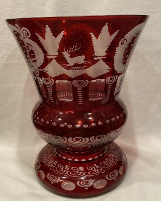 Egermann Bohemian Cut To Clear Ruby Red Large 11 " Crystal Glass Vase