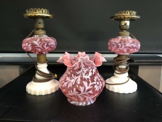 2 - Fenton Art Glass Satin Cranberry Opalescent Daisy & Fern Electric Stand Lamps