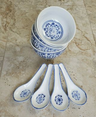 Asian Japanese Chinese Porcelain Rice Soup Blue/white Bowls With Spoons Set Of 8