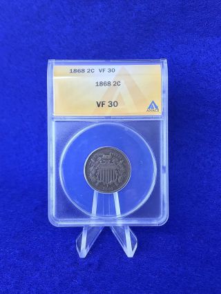 1868 2 Cent Piece Anacs Vf30 Very Fine Full Motto Good Detail