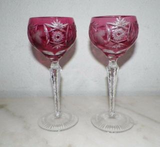 Pair (2) Ruby Red Cut To Clear Crystal Wine Glasses
