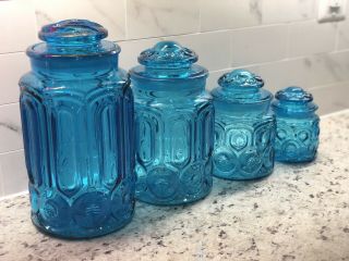 Le Smith Moon And Stars Colonial Blue Glass Canisters Set Of 4