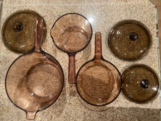 6 Pc Visions Visionware Corning Ware Amber Glass Cookware Rangetop Saucepans 1 2