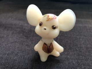 Vintage Fenton Glass Hand Painted Mouse Figurine White Satin Gold Artist Signed