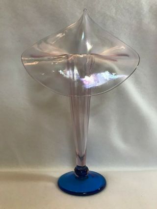 Rick Strini - Iridescent Art Glass - Jack In The Pulpit Vase - Opal W/blue Base - 12 "