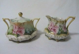 R S Prussia Cream & Sugar Set With Pink Roses Gold Trim Red Marking Hp