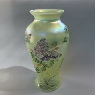 Fenton Yellow Topaz Opalescent Drapery Vase Butterfly Hydrangeas 9.  5 S.  Allman
