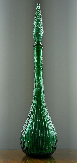 Vintage Mcm Italian Art Glass Empoli 22 " Green Glass Bottle Decanter & Stopper