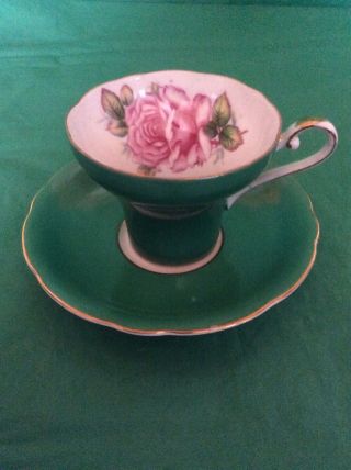 Oakwood Fine China Of Japan Cup & Saucer Green With Pink Cabbage Rose