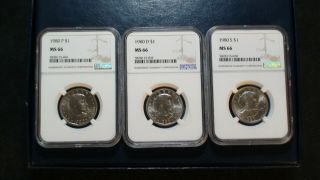 Three 1980 P D & S Susan B Anthony Ngc Ms66 Gem Uncirculated Three $1 Coins
