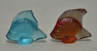 2 Signed Lalique French Art Deco Crystal Fish Figurines Blue & Brown Both