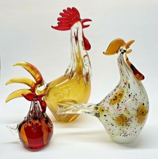 Murano Style Blown Art Glass Rooster Chicken Figurines Set Of 3 Different Sizes