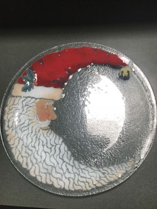 Peggy Carr Fused Glass Christmas Crescent Moon Santa 14 " Signed Plate Cookie