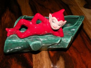 Vintage 1950’s Pottery Red Pixie On Green Log Planter